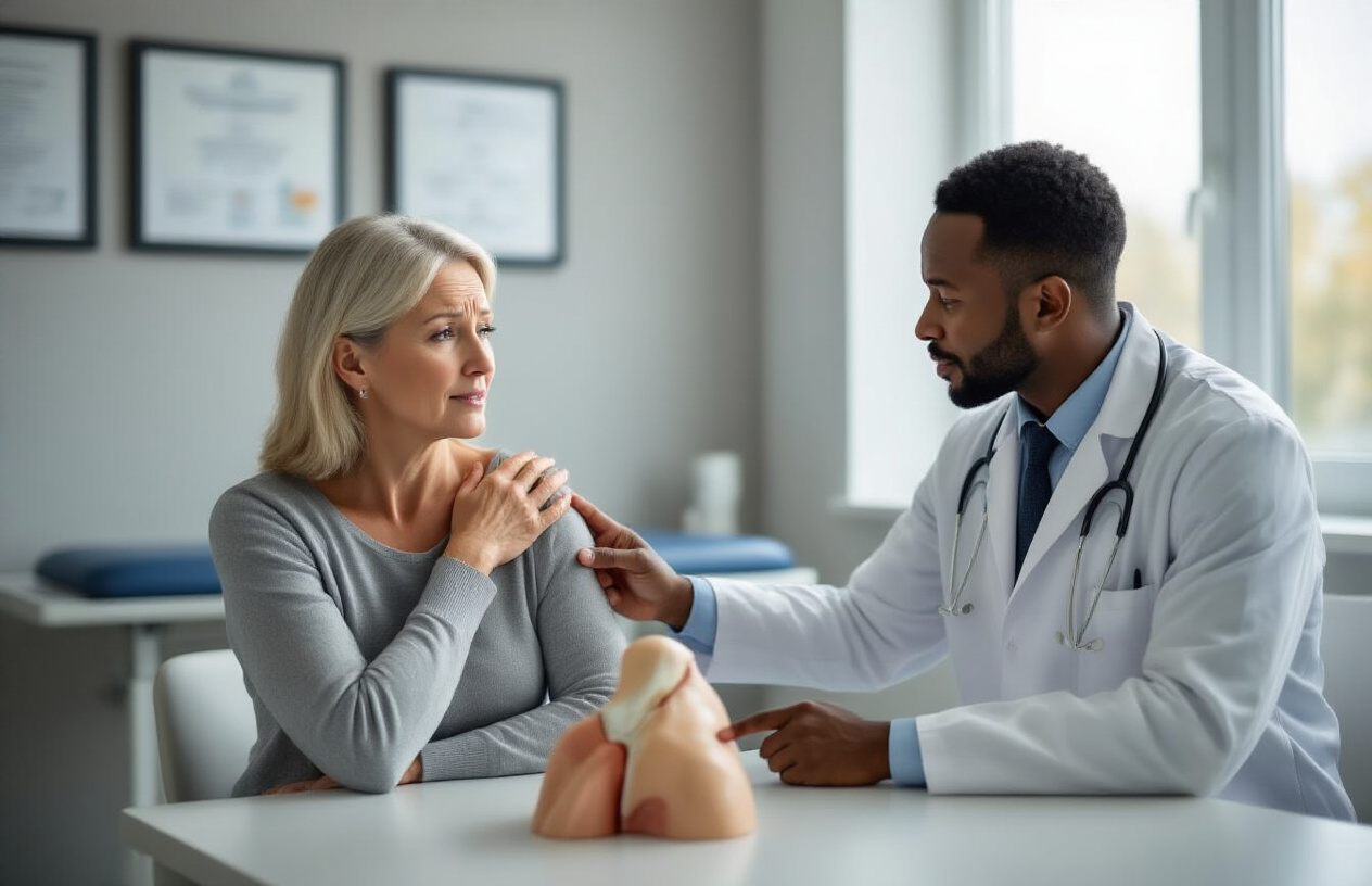 Create a realistic image of a middle-aged white female patient sitting in a modern medical office consultation room, gently touching her left shoulder with a concerned expression while a black male doctor in a white coat points to an anatomical shoulder model on his desk, with medical diplomas on the wall, soft natural lighting from a window, clean clinical environment with examination table in background, emphasizing the importance of early medical consultation for shoulder problems, absolutely NO text should be in the scene.