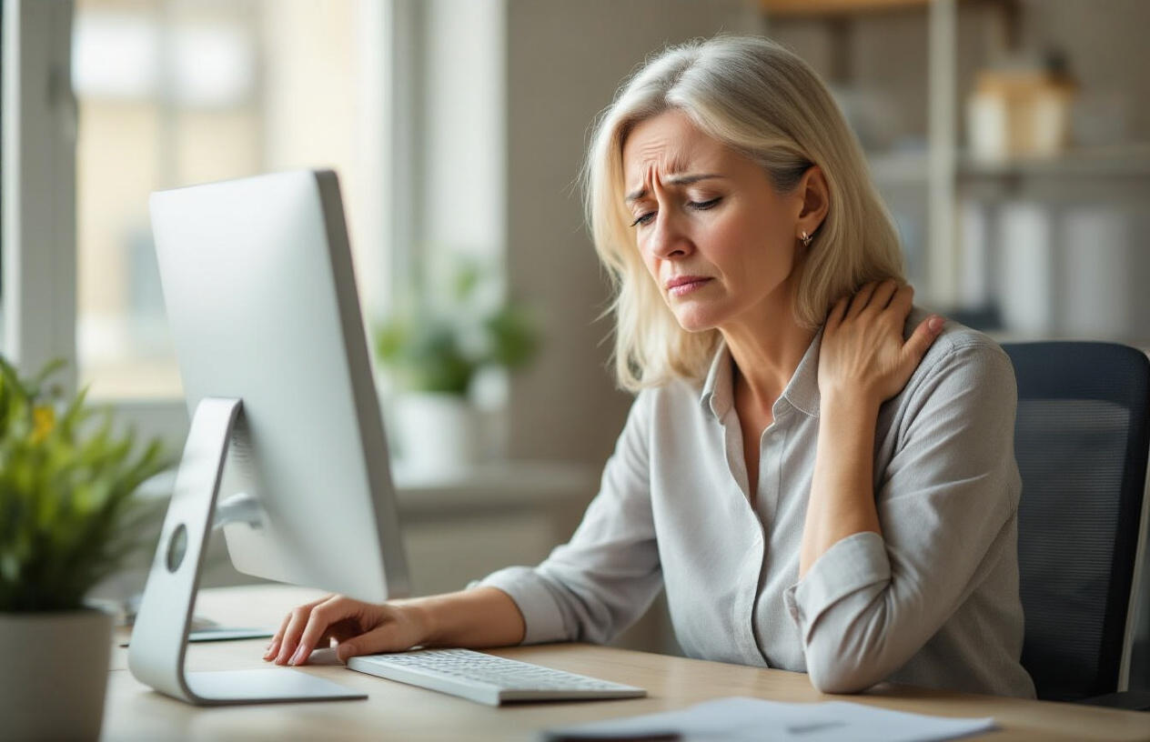 Create a realistic image of a middle-aged white female sitting at her desk in a modern office environment, subtly touching her shoulder with a slightly concerned expression while looking at her computer screen, with soft natural lighting coming through a window, showing the early stages of shoulder discomfort that could easily be dismissed as normal workplace strain, warm indoor lighting creating a comfortable workplace atmosphere, absolutely NO text should be in the scene.