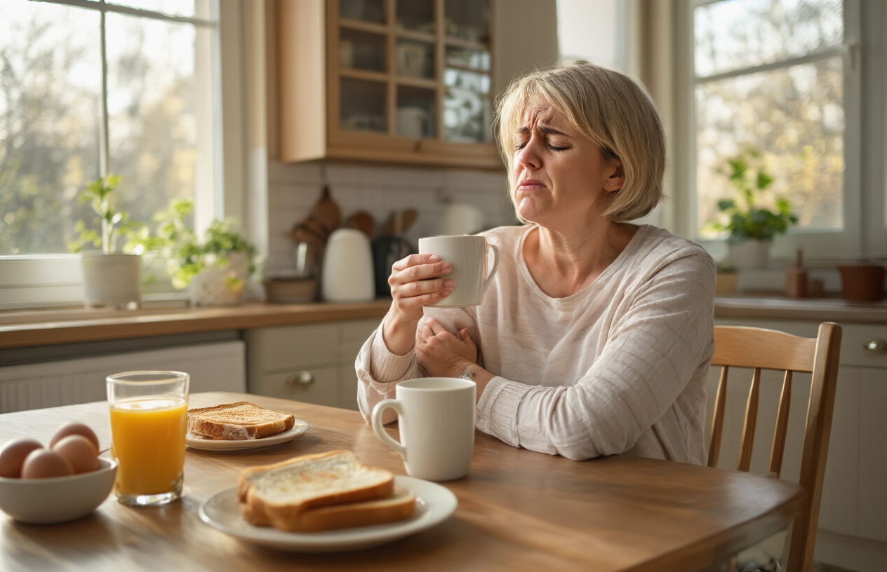 Create a realistic image of a middle-aged white female sitting at a kitchen table in the morning, grimacing with pain as she struggles to lift a coffee mug with her right arm, her left hand supporting her right elbow, with breakfast items like toast and juice on the table, soft natural lighting coming through a window, showing the difficulty of performing simple daily tasks due to shoulder pain, warm domestic kitchen setting with wooden table and chairs, Absolutely NO text should be in the scene.