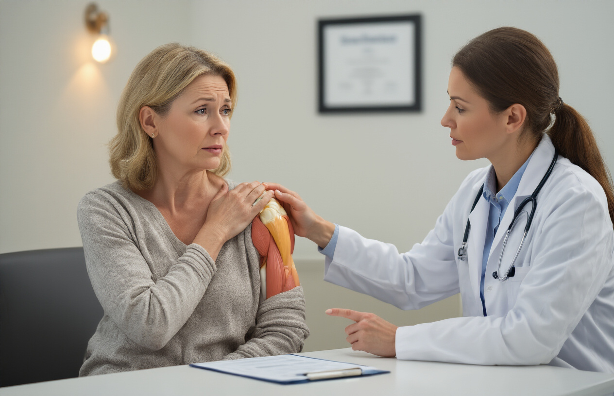 Create a realistic image of a middle-aged white female patient sitting in a modern medical office consultation room across from a professional healthcare provider, the patient holding her shoulder with a concerned expression while the doctor points to an anatomical shoulder model or chart on the desk, clean white medical office background with diplomas on the wall, warm professional lighting, conveying urgency and the importance of early medical intervention, absolutely NO text should be in the scene.