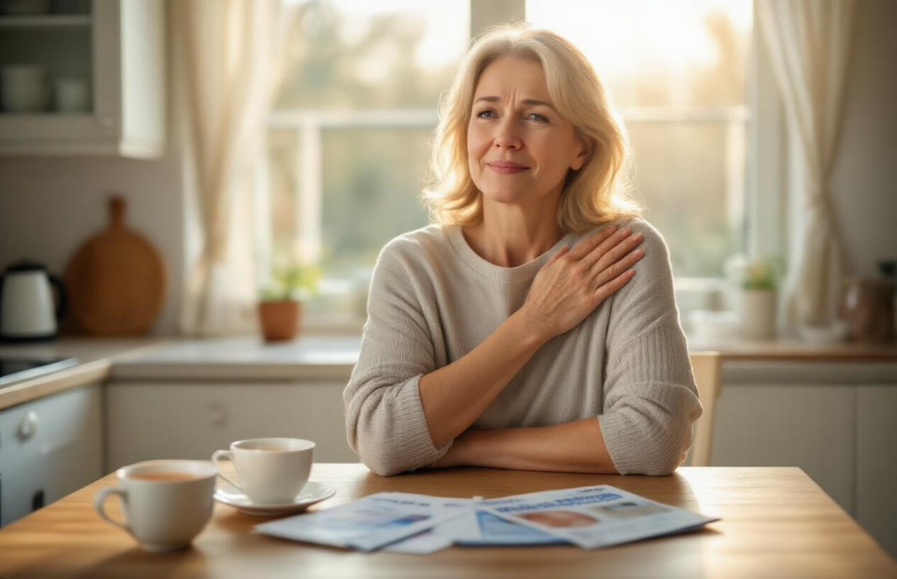 Create a realistic image of a middle-aged white female sitting at a kitchen table looking relieved and hopeful while gently moving her shoulder in a circular motion, with soft morning sunlight streaming through a window behind her, a cup of tea on the wooden table, and medical pamphlets about shoulder health laid out nearby, conveying a sense of empowerment and early intervention success, with warm and optimistic lighting that suggests recovery and positive outcomes, absolutely NO text should be in the scene.