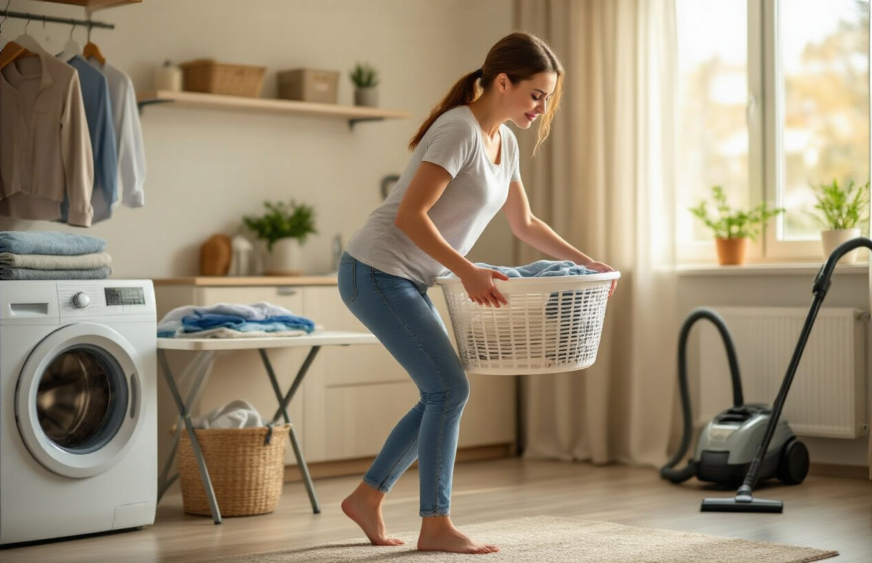 Create a realistic image of a white female in casual clothing performing common household activities that strain the lower back, showing her lifting a heavy laundry basket with poor posture while bending forward, in a modern home interior with a washing machine, folding table with clothes, and vacuum cleaner visible in the background, warm natural lighting from a nearby window, emphasizing the improper lifting technique that causes back strain, absolutely NO text should be in the scene.