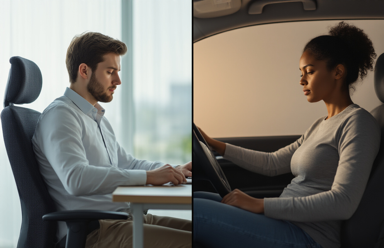 Create a realistic image of a split-screen composition showing modern sedentary lifestyle habits, featuring a white male slouched in an office chair at a desk with poor posture on the left side, and a black female sitting in a car driver's seat with rounded shoulders on the right side, both demonstrating weak core posture, with soft indoor lighting highlighting their curved spines and forward head positions, set against neutral office and car interior backgrounds, conveying the health impact of prolonged sitting, absolutely NO text should be in the scene.