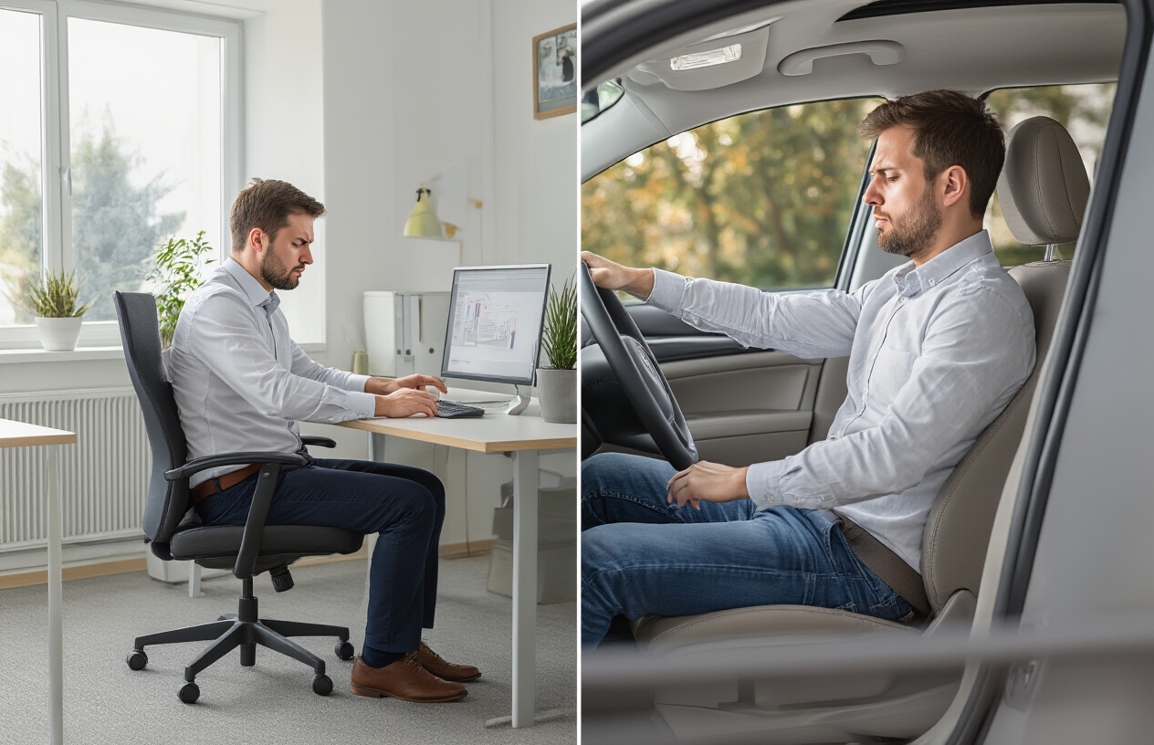 Create a realistic image of a split-screen composition showing warning signs of back pain from daily activities: on the left side, a white male office worker sitting in poor posture at a desk with his back hunched and shoulders rolled forward, wincing slightly from discomfort, and on the right side, the same person sitting in a car with an improperly adjusted seat, reaching awkwardly for the steering wheel with visible tension in his back, both scenes lit with natural indoor lighting, conveying a sense of physical discomfort and strain, with a clean modern office and car interior as backgrounds, absolutely NO text should be in the scene.
