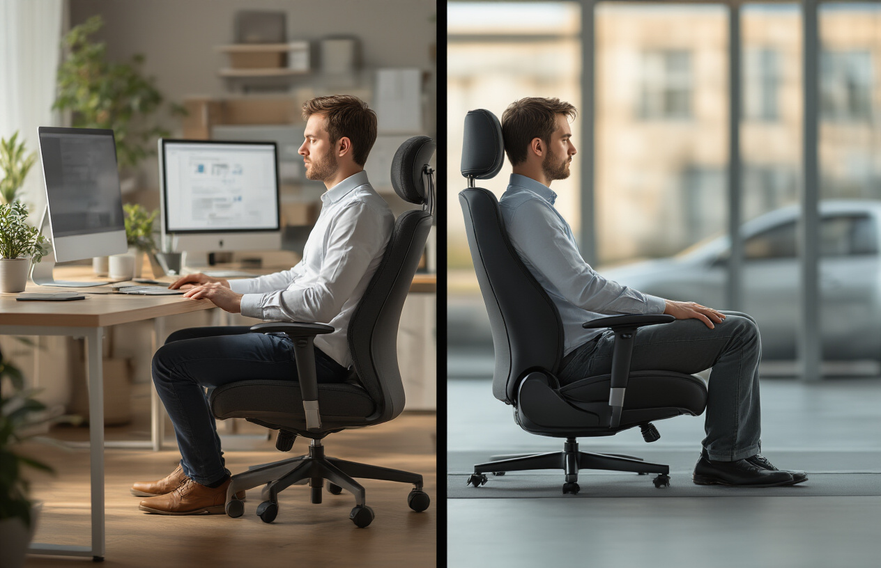 Create a realistic image of a split-screen composition showing a white male office worker sitting in a poorly positioned desk chair on the left side and the same person sitting in a car seat on the right side, both demonstrating poor posture with slouched backs and forward head positions, the office environment features a standard desk setup with computer monitor and the car interior shows a typical driver's seat, warm natural lighting illuminates both scenes, the person appears slightly uncomfortable with subtle tension in their posture, the background includes soft focus elements of a modern office space and car interior respectively, creating a comparison that emphasizes everyday posture challenges without showing pain directly, absolutely NO text should be in the scene.