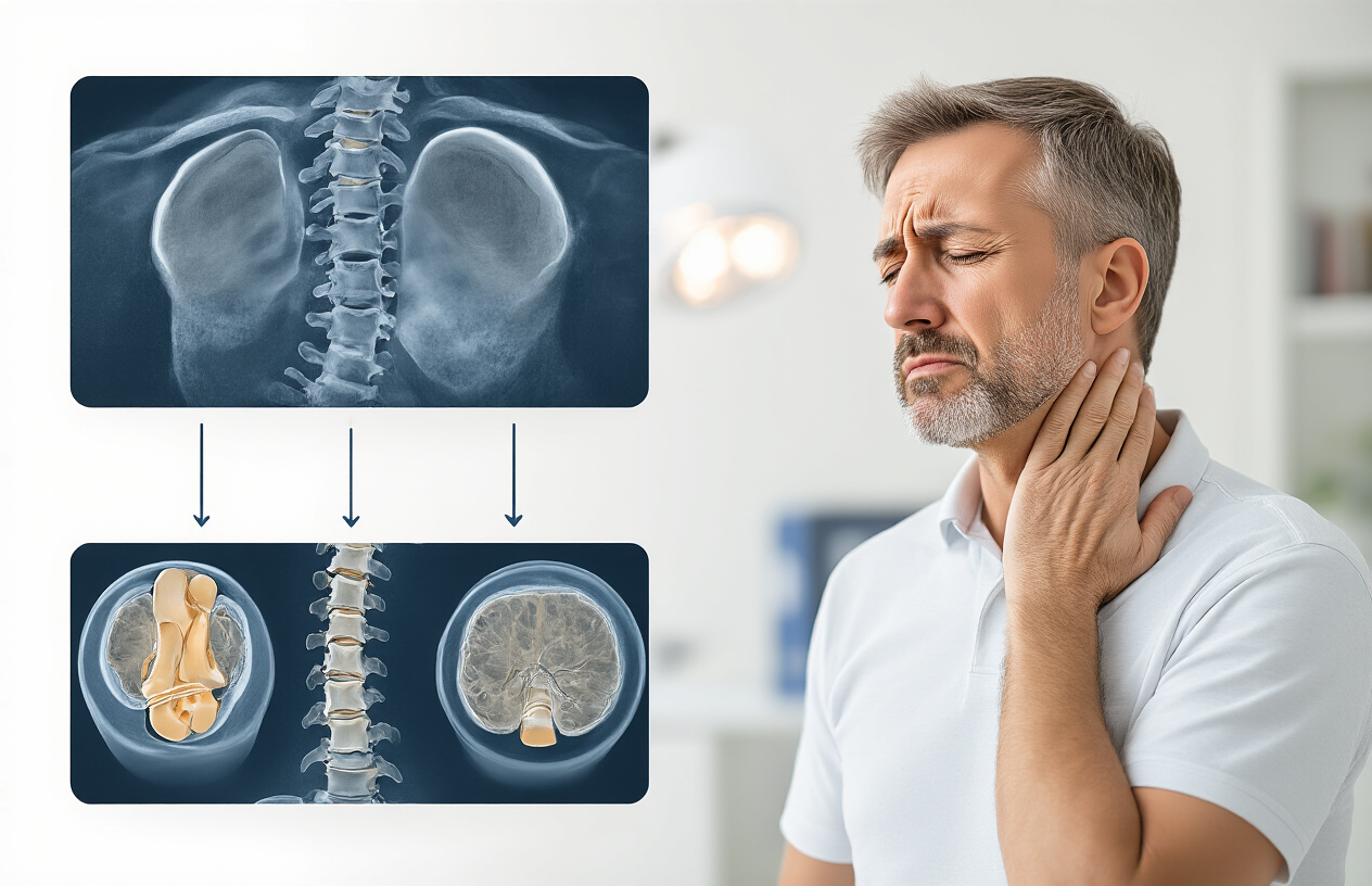 Create a realistic image of a detailed medical illustration showing the cervical spine (neck vertebrae) in cross-section with visible bone spurs, disc degeneration, and nerve compression, alongside a middle-aged white male holding his neck and temple area with a pained expression, set against a clean medical office background with soft clinical lighting, demonstrating the connection between spinal changes and symptoms like neck pain and headaches, absolutely NO text should be in the scene.