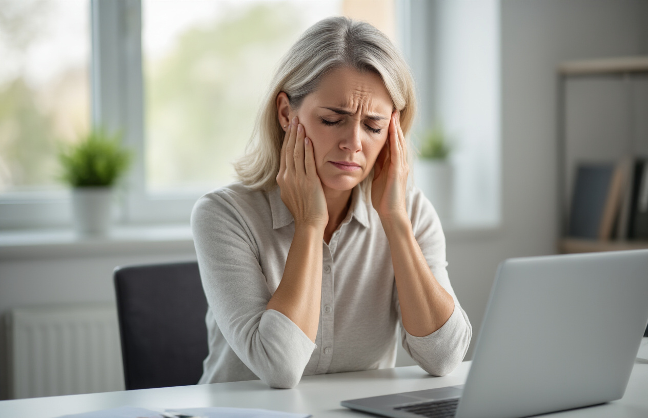 Create a realistic image of a middle-aged white female sitting at a desk holding her neck with one hand while pressing her temple with the other hand, showing visible discomfort and pain, with a concerned facial expression, soft natural lighting from a window, clean modern office or home environment in the background, professional medical illustration style showing the connection between neck pain and headaches, absolutely NO text should be in the scene.