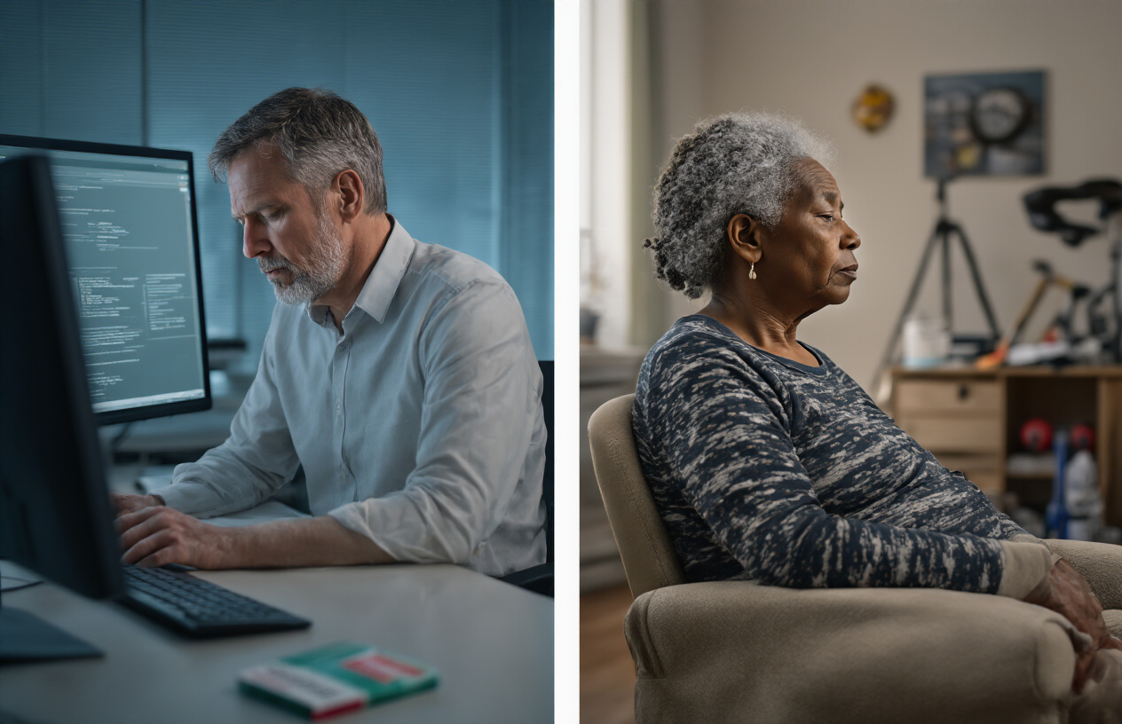 Create a realistic image of a split-screen composition showing multiple cervical spondylosis risk factors: on the left side, a middle-aged white male office worker hunched over a computer with poor posture in a dimly lit office environment, and on the right side, an elderly black female with visible aging signs sitting in a chair, with subtle visual elements like a cigarette pack on a nearby table and sports equipment in the background suggesting previous neck injuries, soft natural lighting creating a clinical yet empathetic mood that conveys health awareness without being overly dramatic, absolutely NO text should be in the scene.