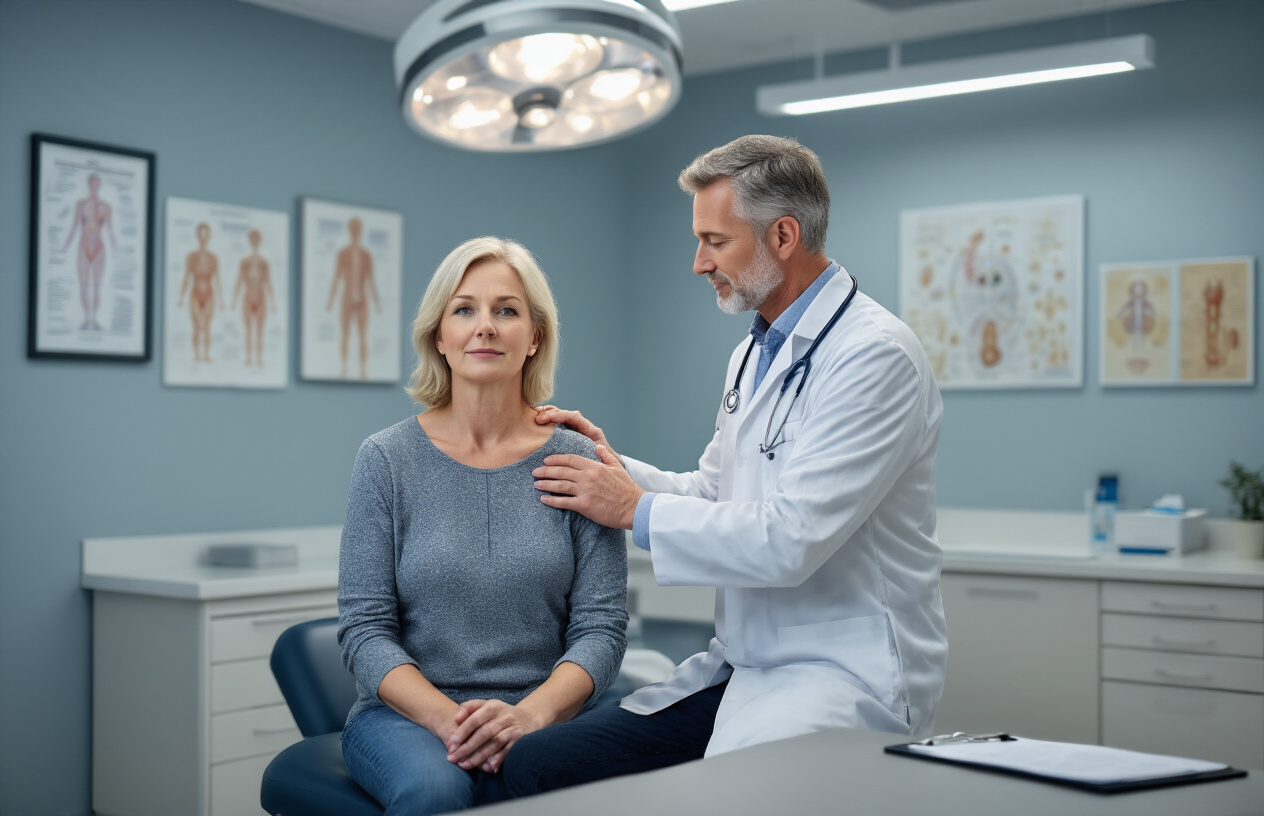 Create a realistic image of a middle-aged white female patient sitting on an examination table in a modern medical office while a professional white male doctor in a white coat examines her neck area, with the doctor gently palpating the cervical spine region, medical diplomas and anatomical charts visible on the wall in the background, bright clinical lighting from overhead fixtures, clean white and blue color scheme typical of healthcare settings, stethoscope around the doctor's neck, patient chart or clipboard nearby on a counter, professional and reassuring atmosphere. Absolutely NO text should be in the scene.
