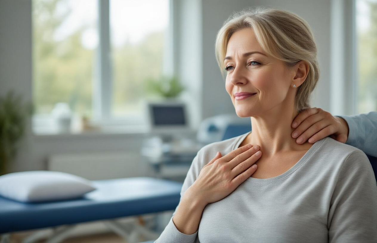 Create a realistic image of a middle-aged white female patient sitting comfortably in a modern physical therapy clinic, receiving gentle neck treatment from a professional therapist, surrounded by medical equipment including massage tables, exercise equipment, and treatment tools, with soft natural lighting streaming through windows creating a calm and healing atmosphere, showing visible relief and comfort on the patient's face as she experiences effective treatment for her neck condition, with clean white and blue medical environment suggesting professional healthcare setting, absolutely NO text should be in the scene.