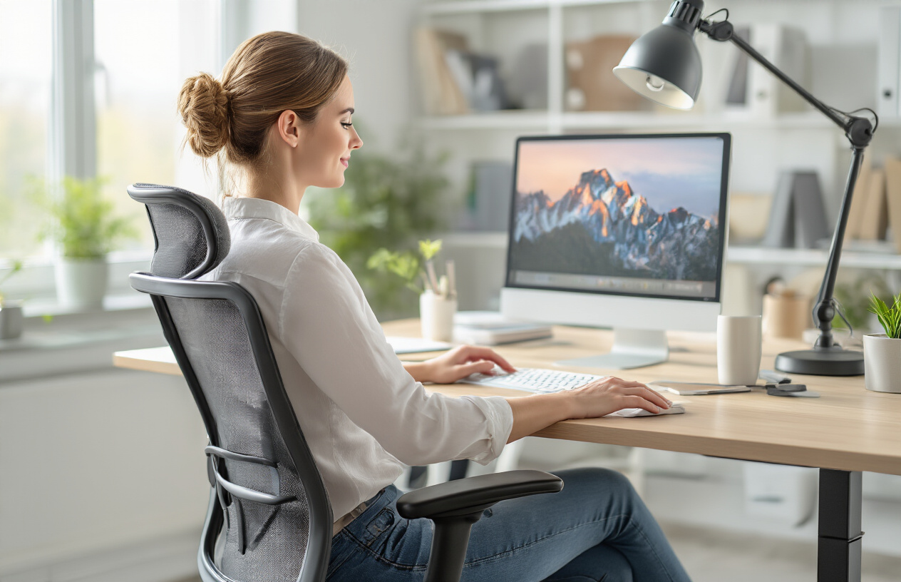 Create a realistic image of a white female office worker demonstrating proper ergonomic posture while sitting at a modern desk, with her back straight, feet flat on the floor, computer monitor at eye level, and ergonomic chair providing good lumbar support, surrounded by workplace wellness elements including a standing desk converter, neck support pillow, and proper lighting from a desk lamp, set in a clean professional office environment with soft natural lighting from a window, conveying health consciousness and spine protection, absolutely NO text should be in the scene.
