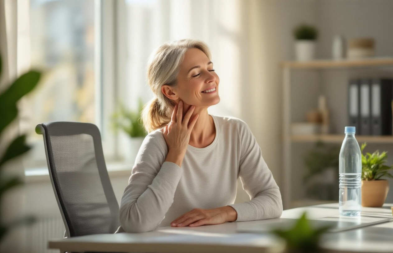 Create a realistic image of a peaceful middle-aged white female sitting upright with good posture at an ergonomic desk, gently stretching her neck with her hand while smiling with relief, surrounded by a bright, clean modern office environment with natural lighting streaming through a window, featuring subtle elements like a water bottle, ergonomic chair, and small potted plant on the desk, conveying a sense of wellness, recovery, and proper spine health management, with soft, warm lighting that creates an optimistic and hopeful atmosphere. Absolutely NO text should be in the scene.