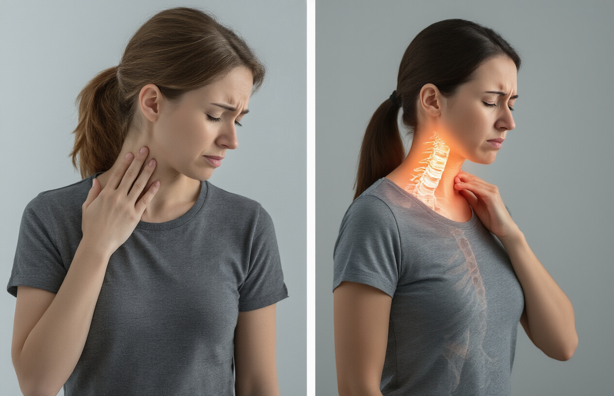 Create a realistic image of a split-screen medical comparison showing two white adults (one male, one female) experiencing different neck pain symptoms, with the left side showing a person gently touching the back of their neck with a concerned expression indicating stiffness, and the right side showing another person holding their neck area with visible discomfort suggesting sharp pain, both subjects positioned against a clean, soft-lit clinical background with subtle anatomical spine diagrams visible in the background, professional medical illustration style lighting, calm and educational atmosphere, absolutely NO text should be in the scene.