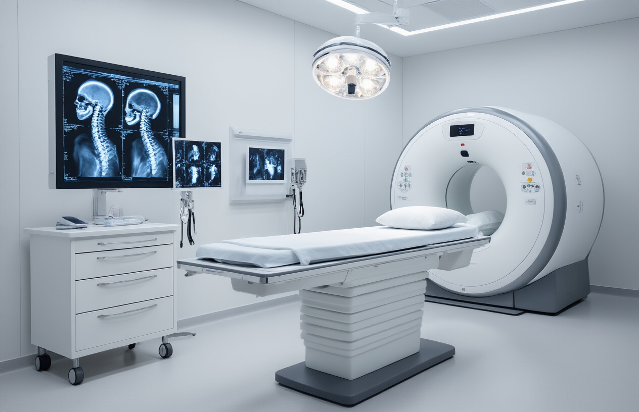 Create a realistic image of a modern medical examination room showing diagnostic equipment used for neck conditions, featuring an MRI machine in the background, X-ray images of cervical spine displayed on a light box on the wall, a medical examination table with neck support pillow, and various diagnostic tools including a reflex hammer and stethoscope arranged on a clean white medical cart, with bright clinical lighting and sterile white walls, absolutely NO text should be in the scene.