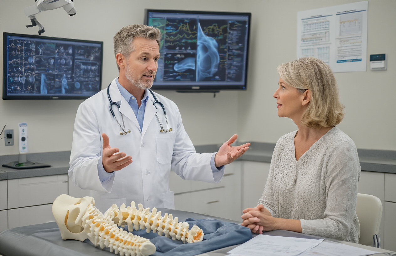 Create a realistic image of a modern medical consultation room with a white male doctor in a white coat explaining treatment options to a middle-aged white female patient, showing anatomical spine models and neck braces on a medical table, with treatment charts displaying cervical spine conditions on the wall, warm professional lighting, clean clinical environment with medical equipment visible in the background, the doctor gesturing toward the spine model while the patient listens attentively, conveying a sense of professional healthcare guidance and personalized treatment planning, absolutely NO text should be in the scene.