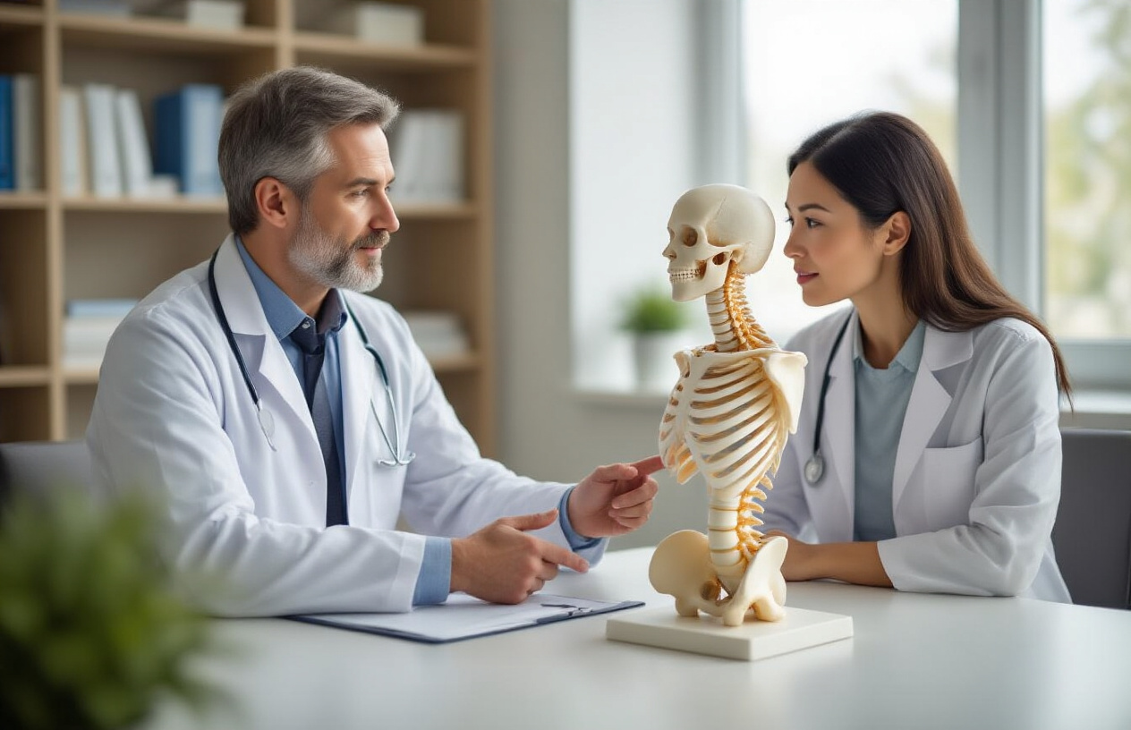 Create a realistic image of a professional medical consultation scene showing a middle-aged white male doctor in a white coat sitting across from a middle-aged Asian female patient, with the doctor pointing to a detailed anatomical model of the human cervical spine and neck vertebrae on the desk between them, the spine model clearly showing individual vertebrae and intervertebral discs, set in a clean modern medical office with soft natural lighting from a window, bookshelves with medical texts in the background, creating a calm and informative atmosphere that conveys understanding and explanation of spinal conditions, absolutely NO text should be in the scene.