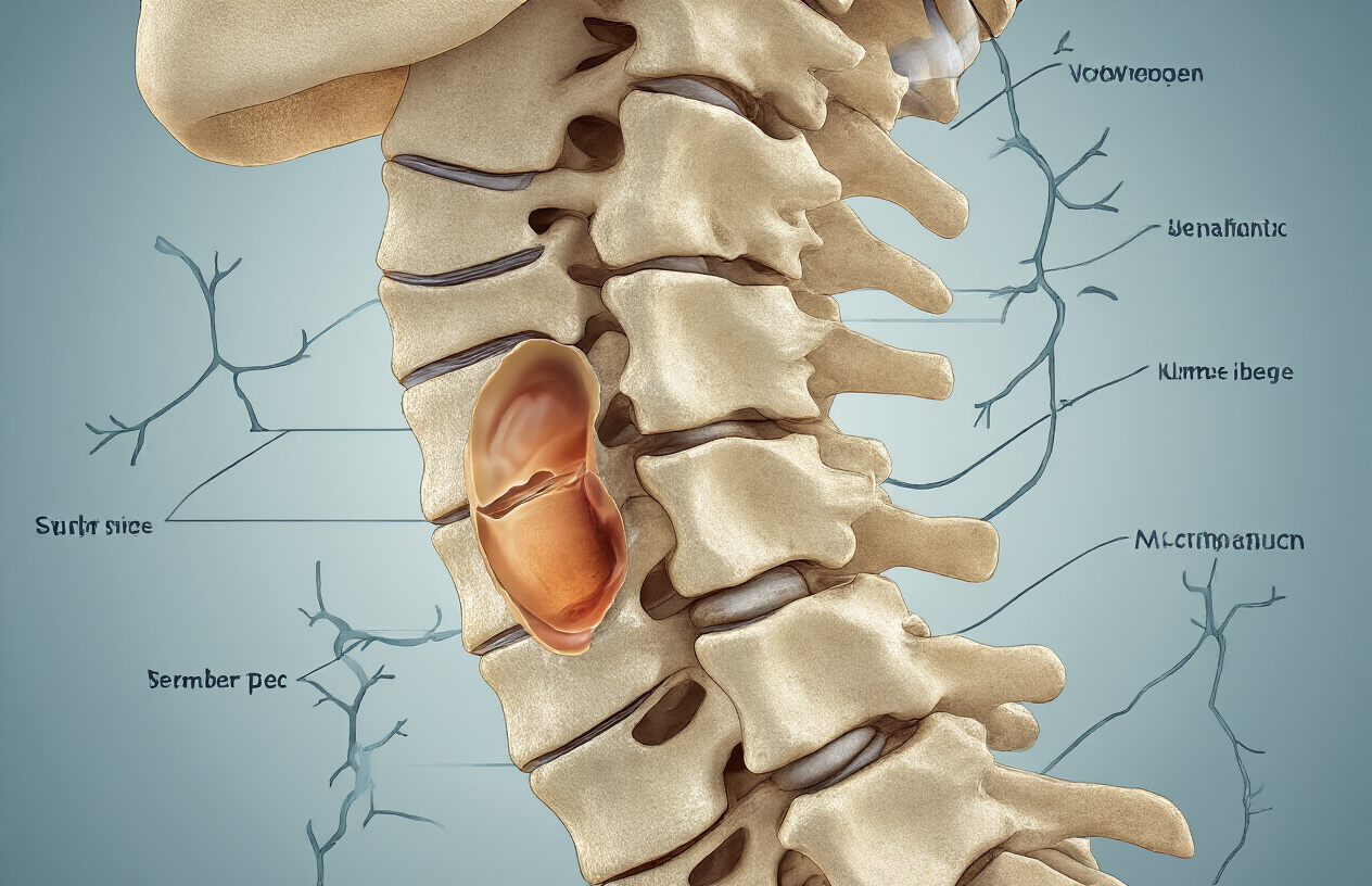 Create a realistic image of a detailed medical cross-section illustration showing a human spine with one vertebral disc visibly herniated and bulging outward, the damaged disc appearing darker and compressed compared to the healthy white discs above and below it, set against a clean medical diagram background with subtle anatomical lighting that highlights the spinal structure, focusing on the lumbar region where the herniation is most prominent, with surrounding vertebrae and nerve pathways clearly visible to demonstrate the anatomical relationship, rendered in educational medical illustration style with accurate proportions and clinical detail, absolutely NO text should be in the scene.