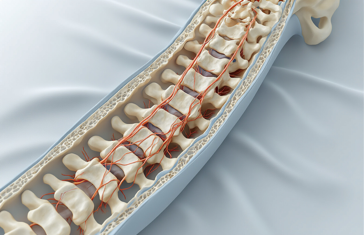 Create a realistic image of a detailed cross-sectional medical illustration showing a human spine with visible spinal stenosis, featuring narrowed spinal canal pathways with compressed nerve roots, displayed against a clean white medical background with soft, even lighting that highlights the anatomical details, showing the contrast between normal and narrowed spinal passages in vertebrae, with anatomical accuracy depicting the bone structure, spinal cord, and nerve pathways affected by stenosis, absolutely NO text should be in the scene.