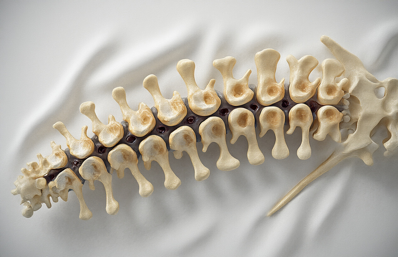 Create a realistic image of a detailed medical illustration showing a human spine in cross-section with focus on vertebrae and intervertebral discs, where some discs appear healthy and plump while others show signs of degeneration with reduced height and darkened color, set against a clean white medical background with soft, even lighting that clearly highlights the anatomical differences between healthy and degenerative disc conditions, absolutely NO text should be in the scene.