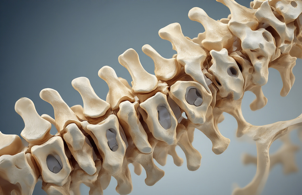 Create a realistic image of a detailed anatomical cross-section view of human lumbar spine vertebrae highlighting the facet joints as small hinge-like structures connecting adjacent vertebrae, showing the intricate bone surfaces and joint spaces in natural bone coloration against a clean medical illustration background with soft even lighting, emphasizing the hidden mechanical nature of these spinal joints, absolutely NO text should be in the scene.
