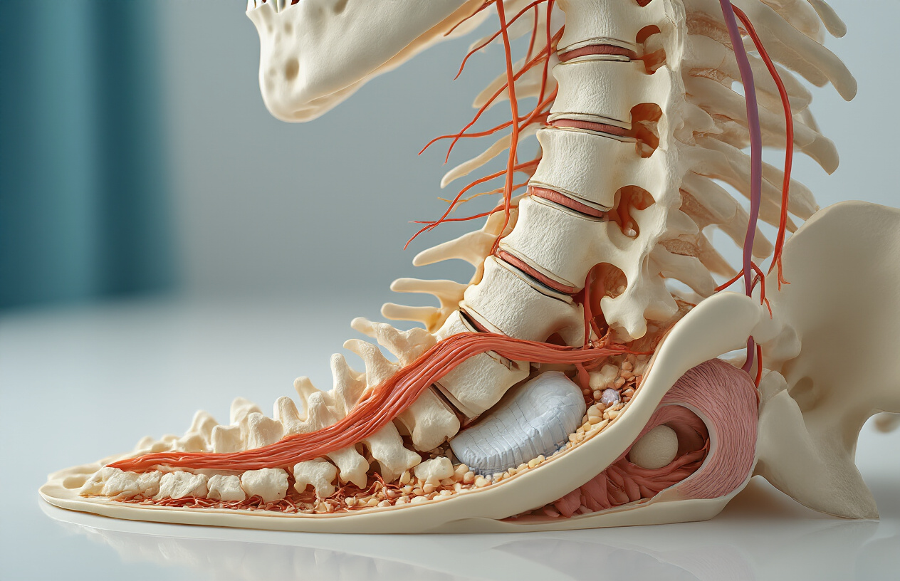 Create a realistic image of a detailed medical illustration showing a side view cross-section of the human spine focusing on the lumbar region, with one vertebra visibly displaced forward from its normal position to demonstrate spondylolisthesis, surrounded by anatomical structures including spinal discs, nerve roots, and surrounding soft tissue, set against a clean white medical background with professional medical lighting that highlights the vertebral misalignment clearly, absolutely NO text should be in the scene.