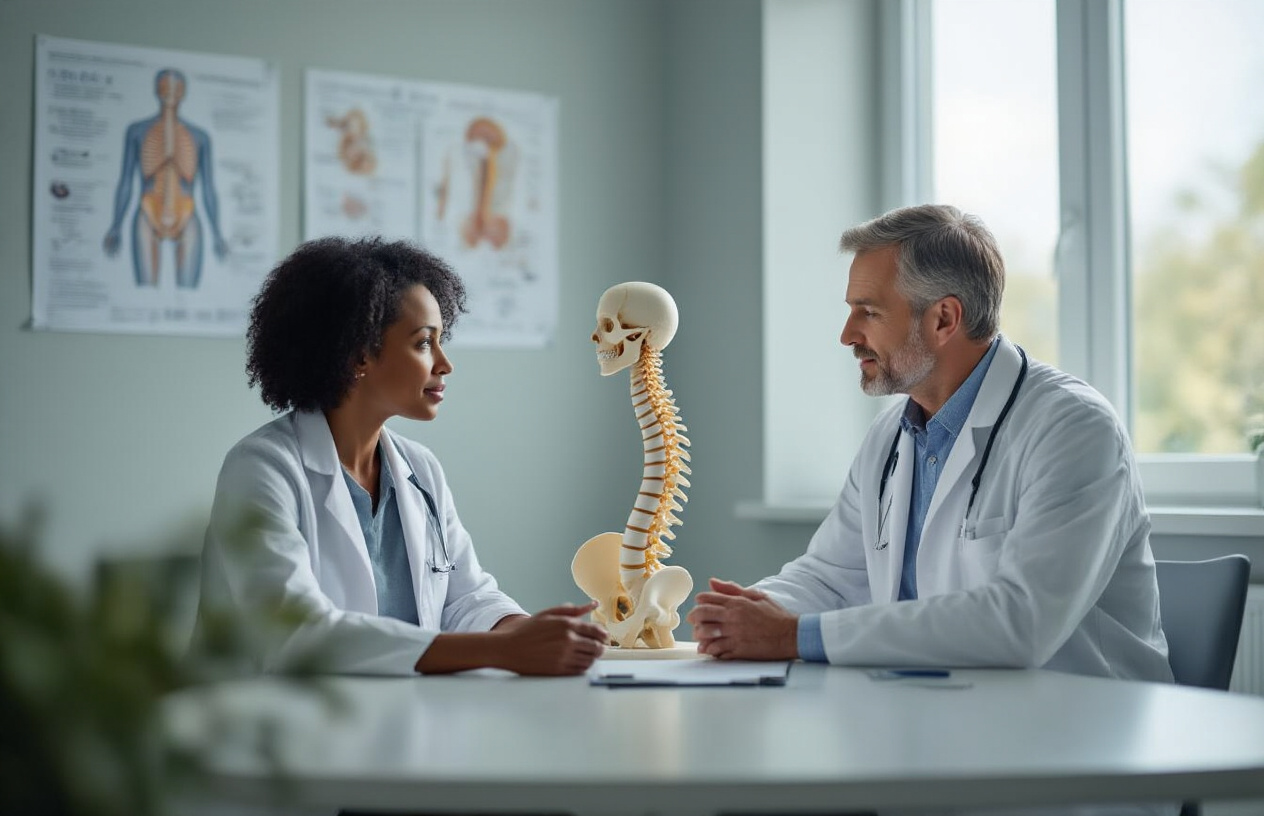 Create a realistic image of a peaceful medical consultation room with a white male doctor in his 40s wearing a white coat sitting across from a middle-aged black female patient, both looking at a spine model on the desk between them, with anatomical charts of the human spine visible on the wall behind them, soft natural lighting coming through a window creating a calm and reassuring atmosphere, the scene conveying hope and understanding about spine health management, absolutely NO text should be in the scene.
