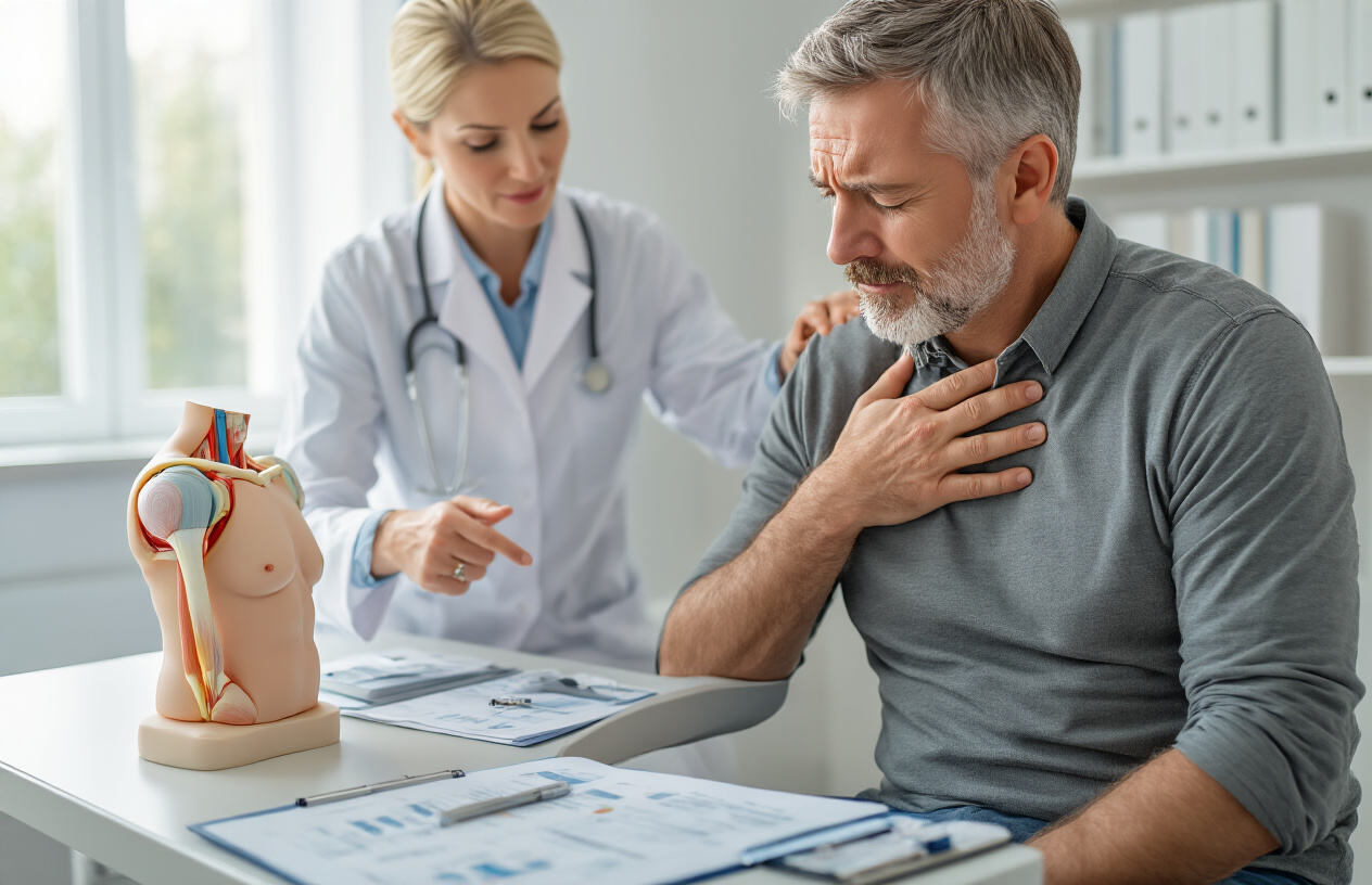 Create a realistic image of a middle-aged white male patient sitting on a medical examination table, gently holding his right shoulder with his left hand showing discomfort, while a white female doctor in a lab coat points to an anatomical shoulder model on a nearby desk, with medical charts and diabetes-related educational materials visible on the desk, in a clean modern medical office with soft natural lighting from a window, creating a professional and informative healthcare consultation atmosphere, absolutely NO text should be in the scene.