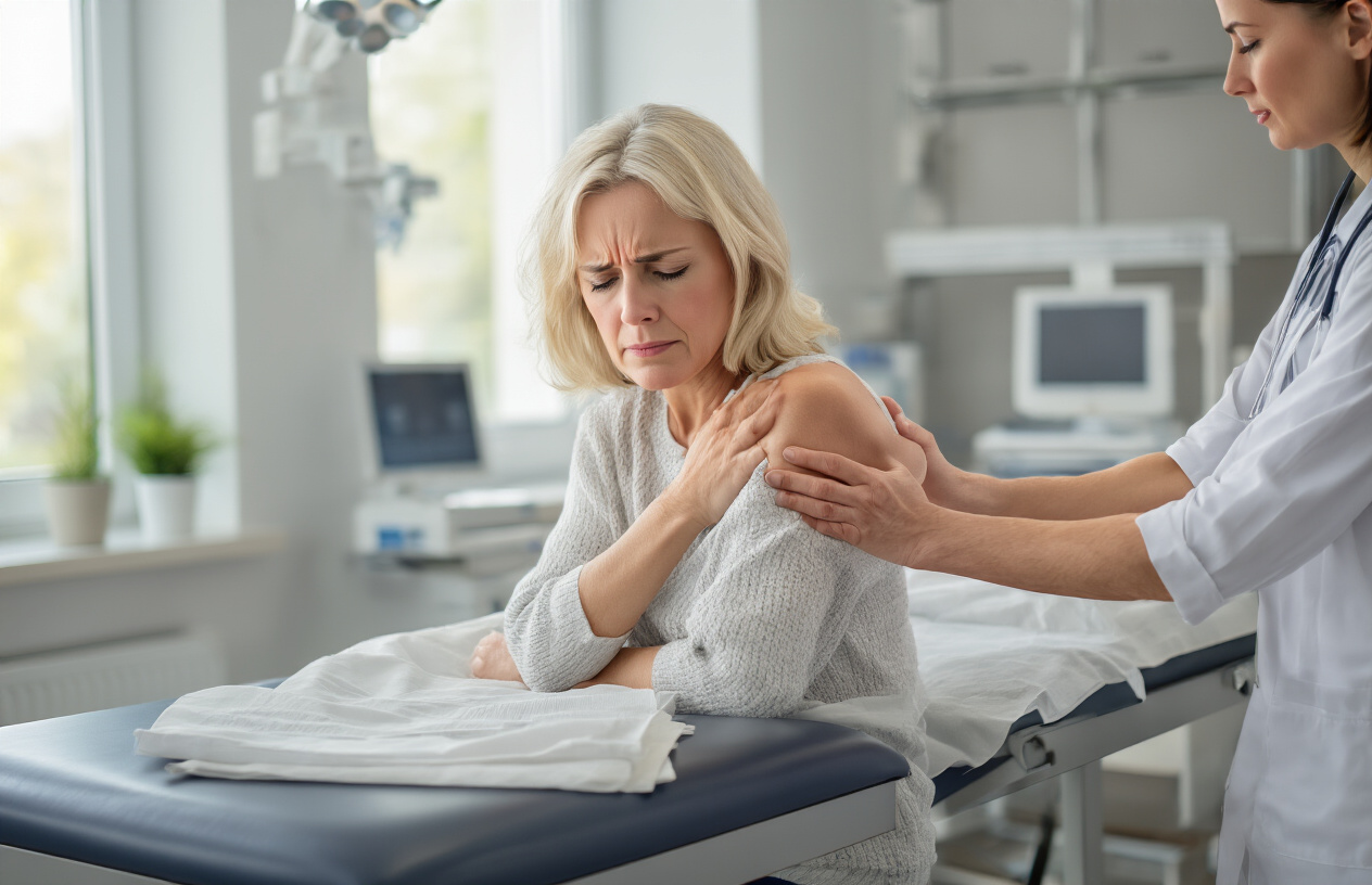 Create a realistic image of a middle-aged white female sitting on the edge of a medical examination table, holding her right shoulder with her left hand and displaying a pained facial expression, while a healthcare professional's hands are gently examining her shoulder area, set in a clean modern doctor's office with medical equipment visible in the background, soft natural lighting coming through a window, conveying a concerned but hopeful medical consultation atmosphere, absolutely NO text should be in the scene.