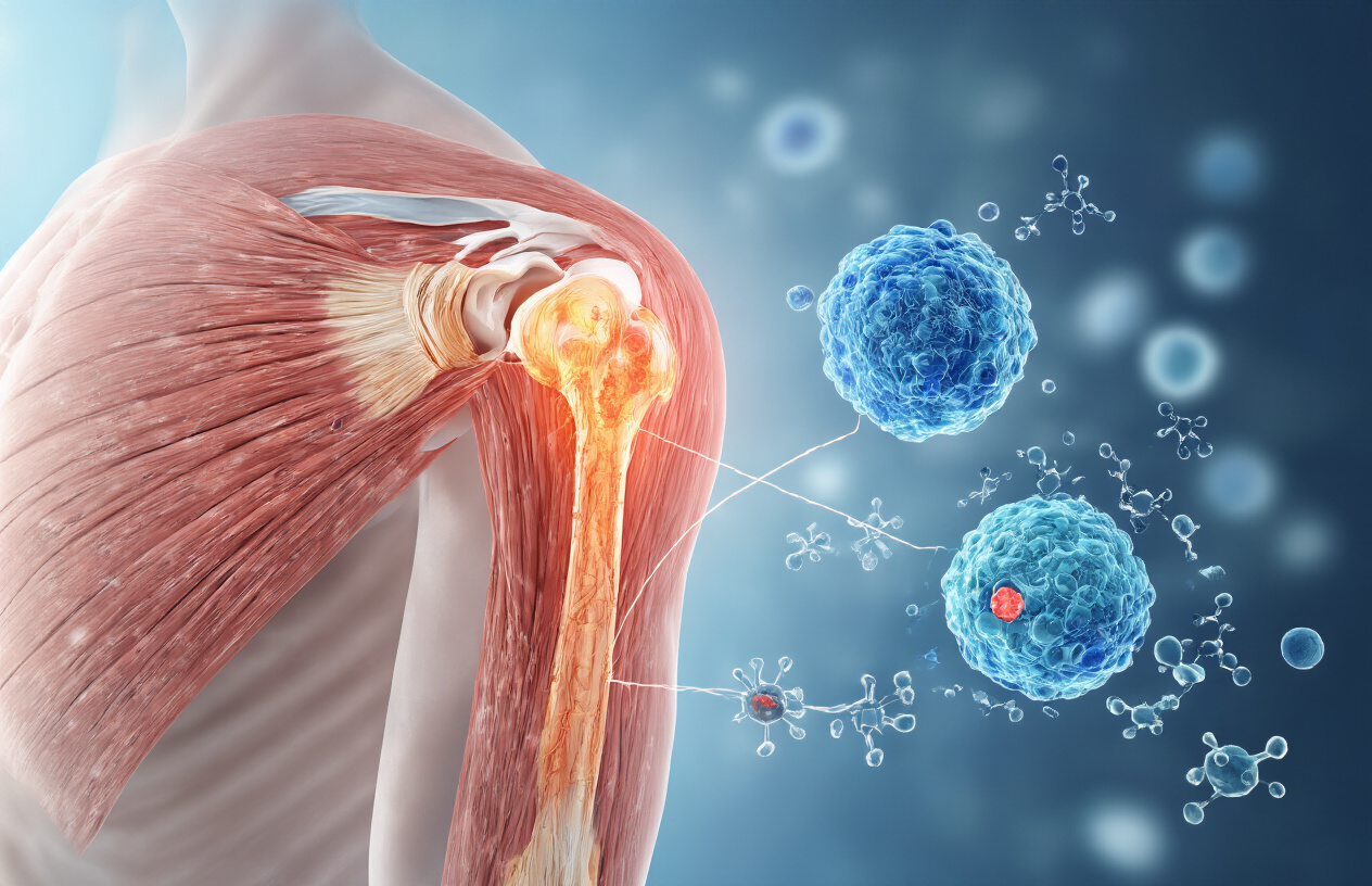 Create a realistic image of a detailed medical illustration showing the shoulder joint anatomy with highlighted areas representing inflammation and adhesion formation, alongside visual representations of glucose molecules and insulin pathways affecting connective tissue, set against a clean medical background with soft clinical lighting, featuring cross-sectional views of shoulder capsule tissue showing thickened and scarred areas typical of adhesive capsulitis, with subtle blue and red color coding to distinguish healthy versus affected tissue areas, absolutely NO text should be in the scene.