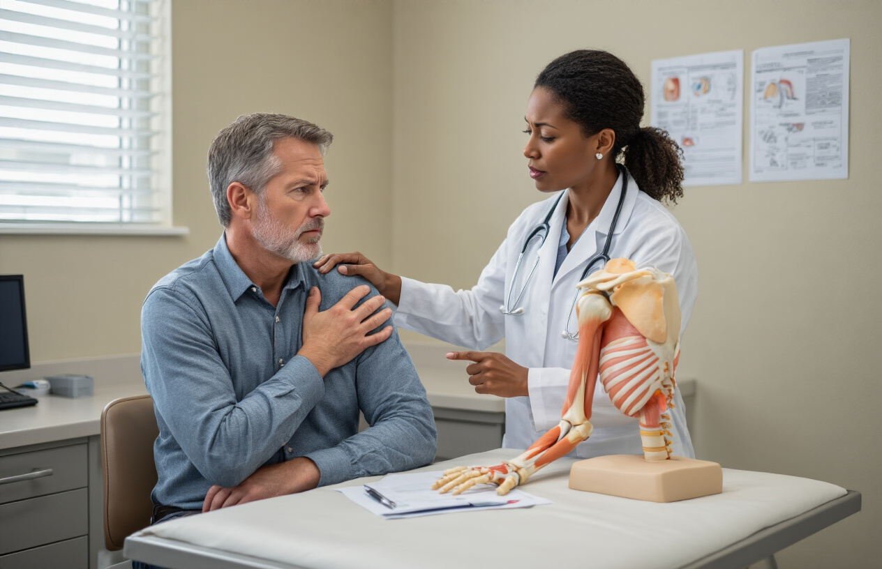 Create a realistic image of a middle-aged white male sitting on an examination table in a medical office, holding his right shoulder with a pained expression while a black female doctor in a white coat points to an anatomical shoulder model on a nearby desk, with medical charts showing shoulder anatomy visible on the wall in the background, soft clinical lighting illuminating the scene, conveying a consultation about shoulder injury risk factors, absolutely NO text should be in the scene.