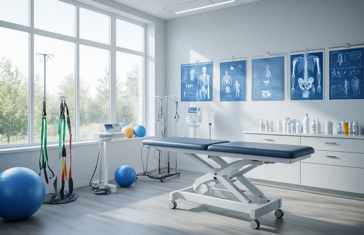 Create a realistic image of a modern medical clinic treatment room showing various frozen shoulder therapy equipment including a physical therapy table, resistance bands, exercise balls, and stretching tools, with medical charts showing shoulder anatomy on the wall, professional medical equipment for ultrasound or electrical stimulation therapy, and medication bottles on a clean counter, all arranged in a bright, clean healthcare setting with natural lighting from large windows, conveying hope and effective treatment solutions. Absolutely NO text should be in the scene.
