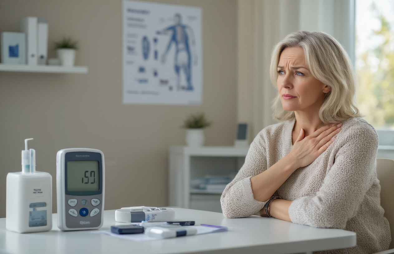 Create a realistic image of a middle-aged white female sitting in a modern medical consultation room, gently holding her left shoulder with a concerned expression, while a glucose meter and diabetes testing supplies are visible on a nearby table, with soft natural lighting from a window creating a calm healthcare environment, and a physical therapy exercise chart showing shoulder movements hanging on the wall in the background, absolutely NO text should be in the scene.