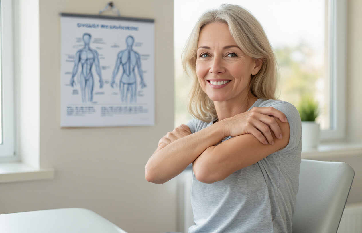 Create a realistic image of a middle-aged white female sitting in a bright, modern medical consultation room, gently rotating her shoulder with a relieved expression on her face, while a physical therapy exercise chart showing shoulder movements hangs on the wall in the background, with soft natural lighting streaming through a window creating a hopeful and healing atmosphere, medical equipment subtly visible including resistance bands and therapy tools, the woman wearing comfortable exercise clothing suggesting successful treatment and recovery. Absolutely NO text should be in the scene.
