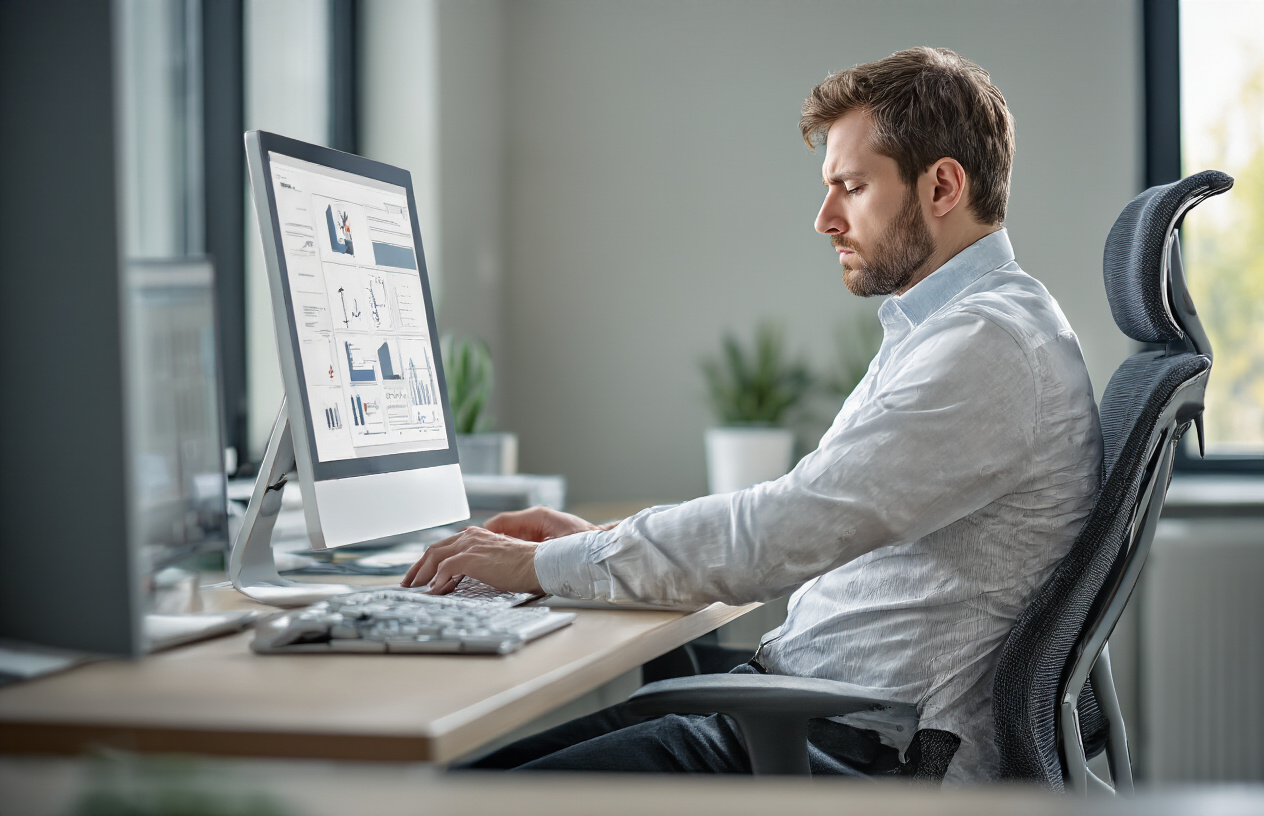 Create a realistic image of a white male office worker in his 30s sitting at a desk with extremely poor posture, slouched forward with rounded shoulders, head jutting forward toward a computer screen, lower back curved unnaturally, demonstrating harmful sitting habits that damage spinal health, modern office setting with ergonomic chair being used incorrectly, natural lighting from window, serious and concerning mood highlighting the negative health impacts, absolutely NO text should be in the scene.