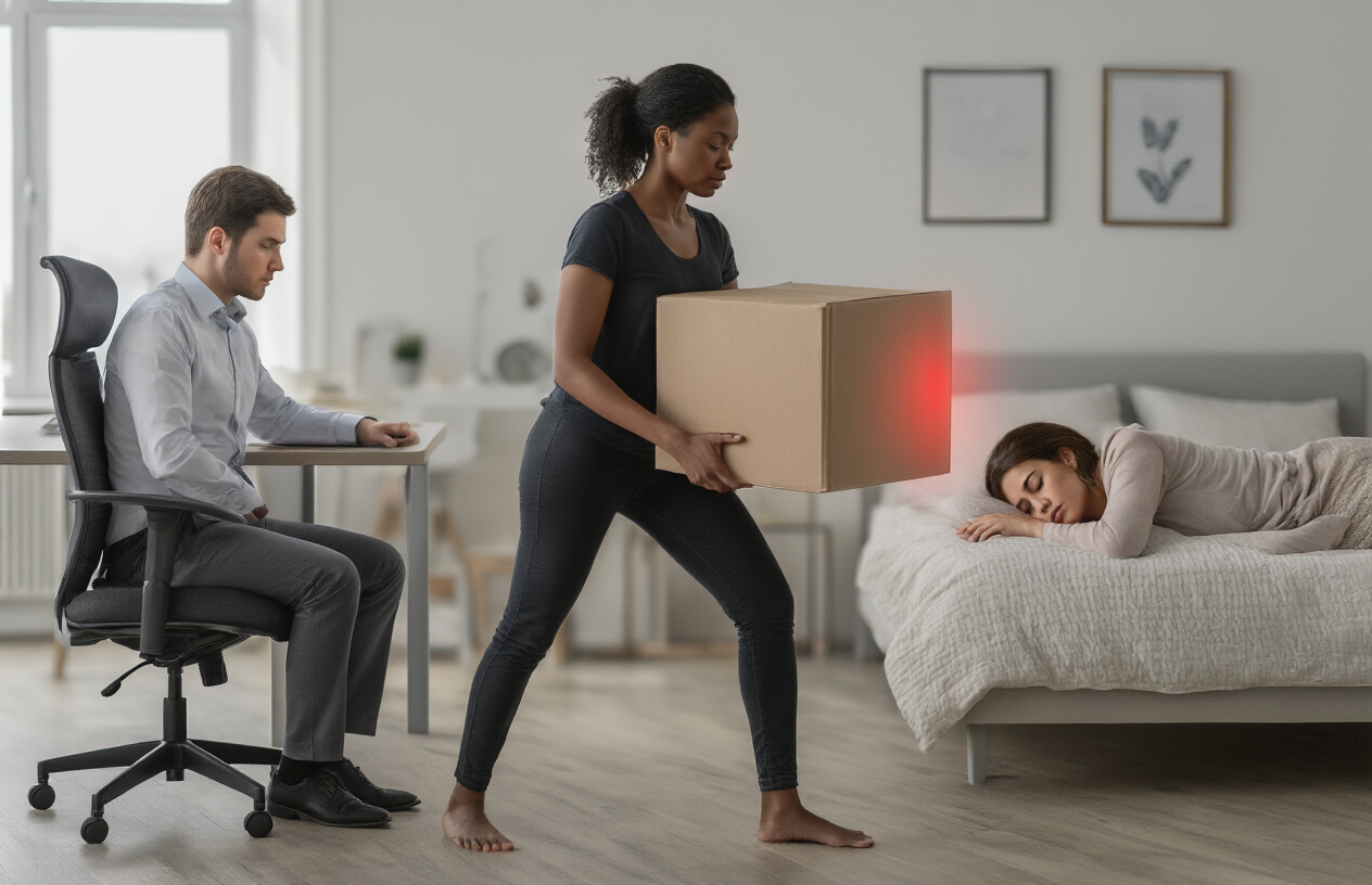 Create a realistic image of a split-screen composition showing three harmful daily activities: on the left, a white male office worker slouching in a desk chair with poor posture, in the center, a black female lifting a heavy box with incorrect bending technique putting strain on her lower back, and on the right, a white female sleeping on her stomach in an awkward twisted position on a bed, with subtle red highlighting or glow around the spine area of each person to indicate stress points, soft indoor lighting with neutral office and bedroom backgrounds, conveying a sense of everyday routine activities that unknowingly cause harm, absolutely NO text should be in the scene.