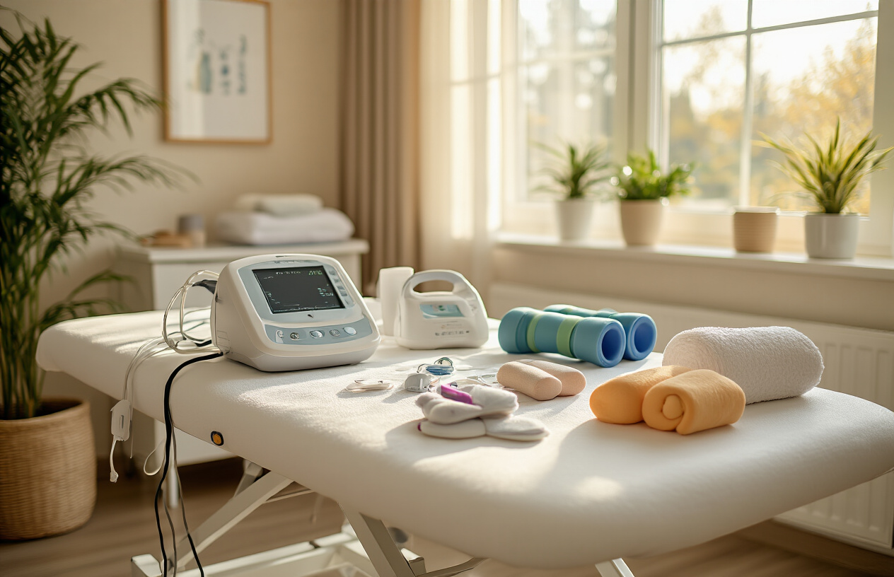 Create a realistic image of a serene physical therapy clinic setting showing various non-surgical treatment equipment including a TENS unit with electrodes, ultrasound therapy device, exercise bands, foam rollers, and heating pads arranged on a clean white treatment table, with soft natural lighting streaming through windows creating a calm healing atmosphere, featuring warm neutral tones and a peaceful medical environment that conveys hope and recovery, absolutely NO text should be in the scene.