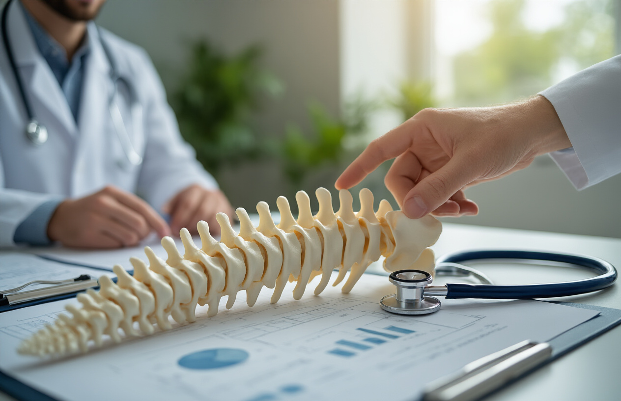 Create a realistic image of a close-up view of a healthy human spine model showing the vertebrae and discs in perfect alignment, positioned on a modern medical consultation desk alongside a stethoscope and medical charts, with soft natural lighting from a window creating a hopeful and professional atmosphere, while a white male doctor's hands are gently pointing to the spine model in a reassuring gesture, with the background showing a clean, modern medical office with subtle green plants suggesting natural healing and recovery, conveying optimism and medical expertise without any invasive surgical instruments visible, absolutely NO text should be in the scene.