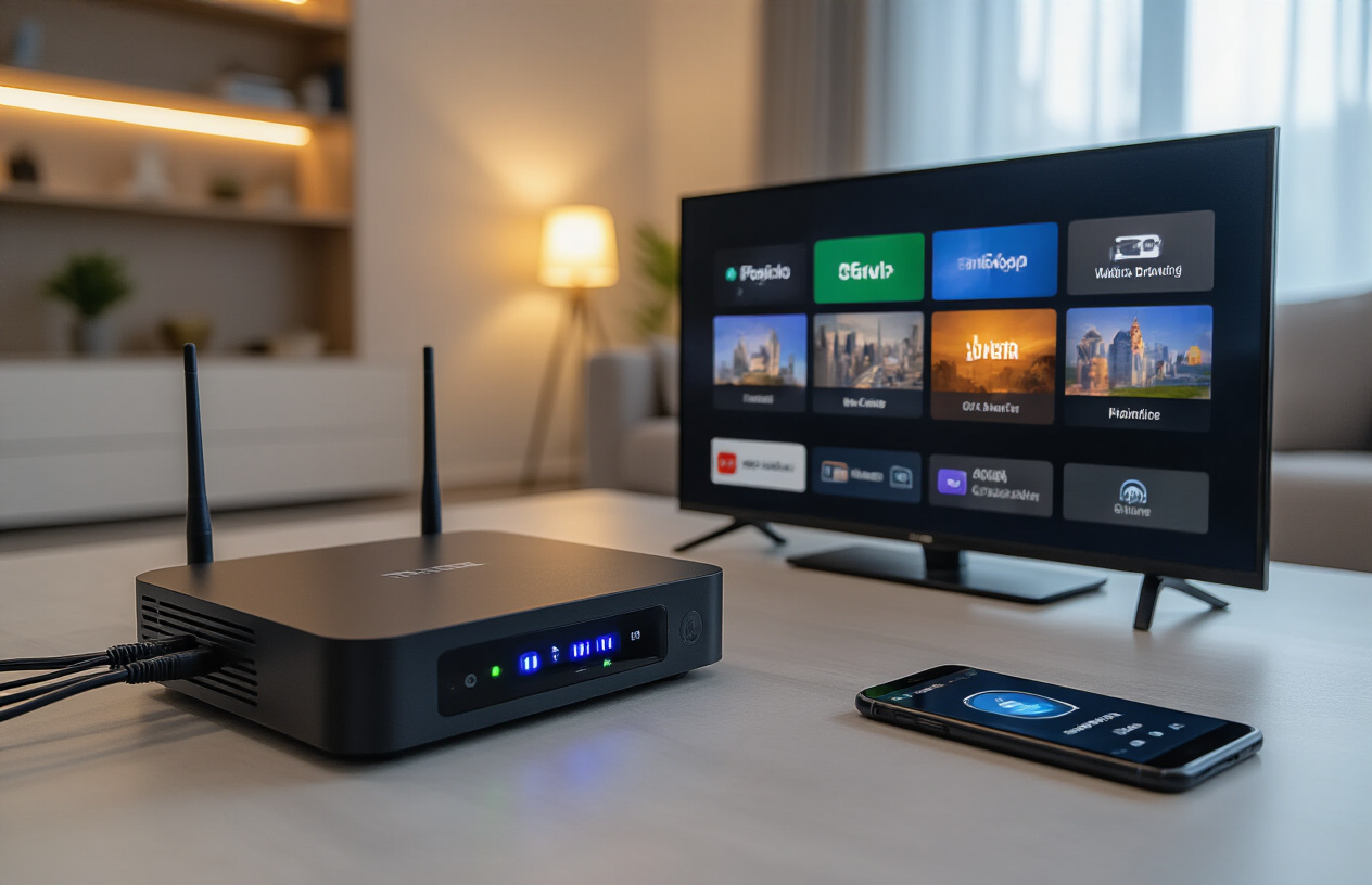 Create a realistic image of modern IPTV technology setup showing a smart TV displaying streaming interface with multiple channel thumbnails, a sleek set-top box with LED indicators, ethernet cables, wireless router with glowing status lights, and a smartphone showing IPTV app interface, all arranged on a contemporary entertainment center in a well-lit living room with soft ambient lighting, emphasizing the seamless connectivity and digital streaming technology benefits, Absolutely NO text should be in the scene.