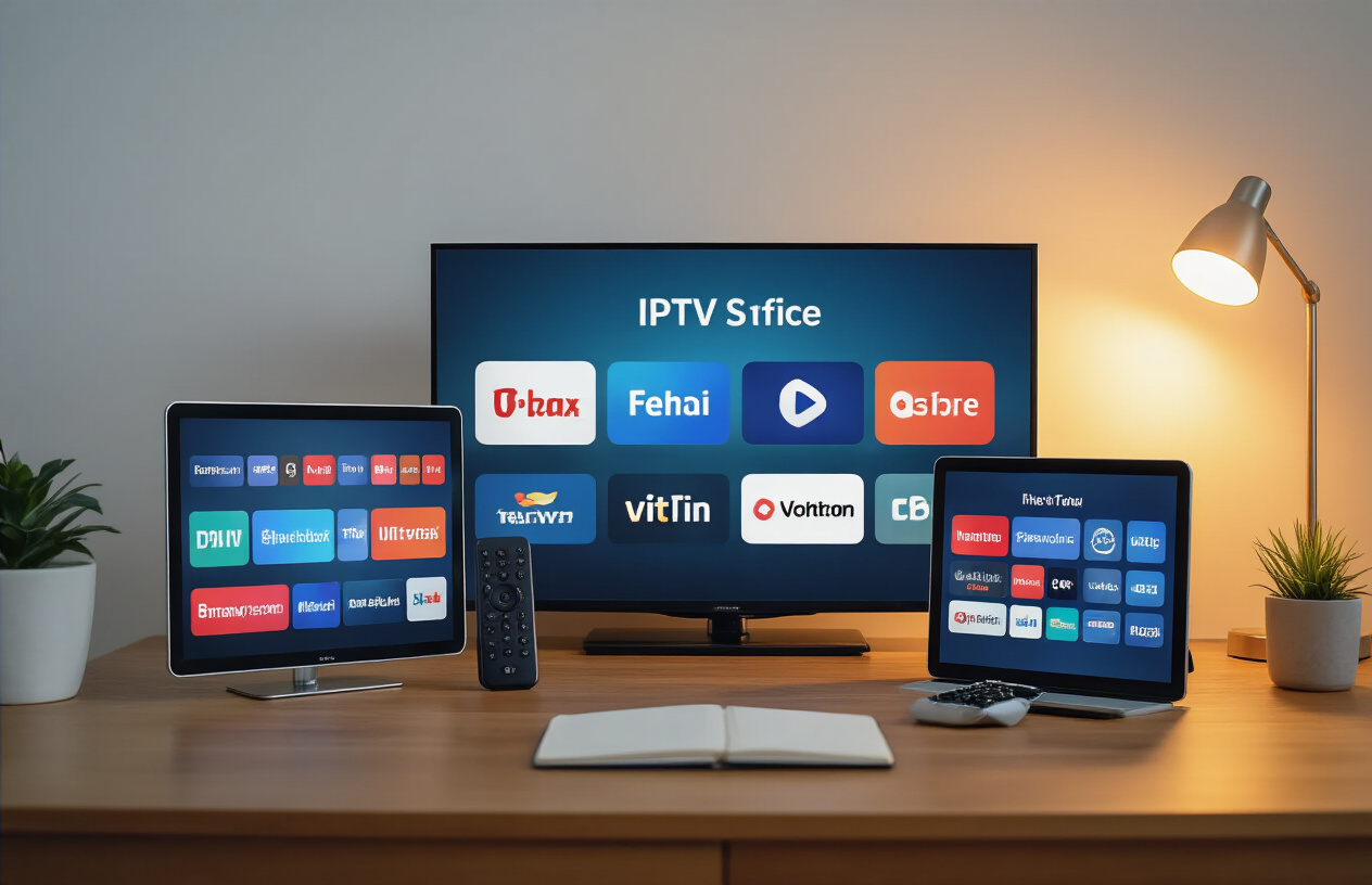 Create a realistic image of essential IPTV equipment laid out on a modern wooden desk including a smart TV displaying a clear screen, an IPTV set-top box, ethernet cables, a wireless router with LED indicators, a remote control, and HDMI cables neatly arranged in an organized manner with soft natural lighting from a window creating a clean tech setup atmosphere, absolutely NO text should be in the scene.