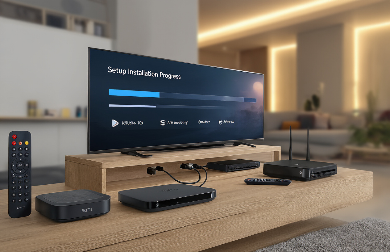 Create a realistic image of a modern smart TV displaying a setup interface with installation progress bars and menu options, surrounded by various streaming devices like a set-top box, router, and remote control on a clean wooden entertainment center, with ethernet cables and HDMI cables neatly organized nearby, soft ambient lighting from a contemporary living room setting, absolutely NO text should be in the scene.