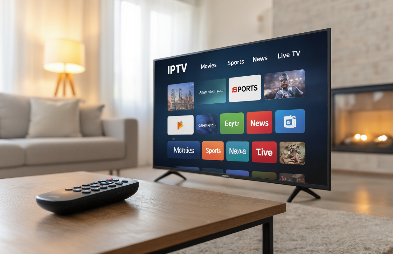 Create a realistic image of a modern smart TV screen displaying an IPTV interface with various colorful app icons, menu categories like Movies, Sports, News, and Live TV arranged in a grid layout, with a sleek black remote control positioned in the foreground on a wooden coffee table, soft ambient lighting from a nearby lamp creating a cozy living room atmosphere, absolutely NO text should be in the scene.