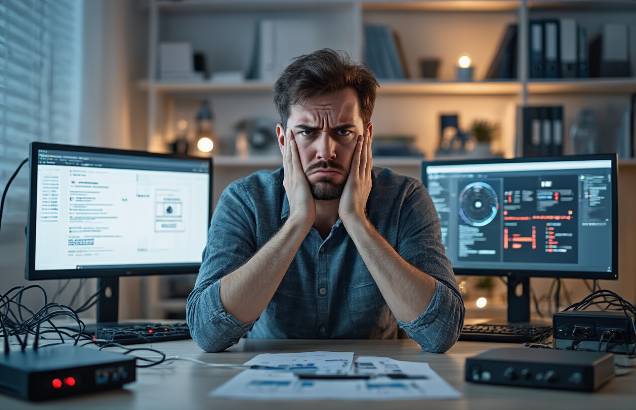 Create a realistic image of a frustrated white male sitting at a modern desk with multiple screens showing error messages and buffering icons, surrounded by networking equipment like a router with blinking red lights, ethernet cables, and a streaming device, with a dimly lit home office background featuring technical manuals and troubleshooting guides on shelves, conveying a mood of technical difficulty and problem-solving, absolutely NO text should be in the scene.