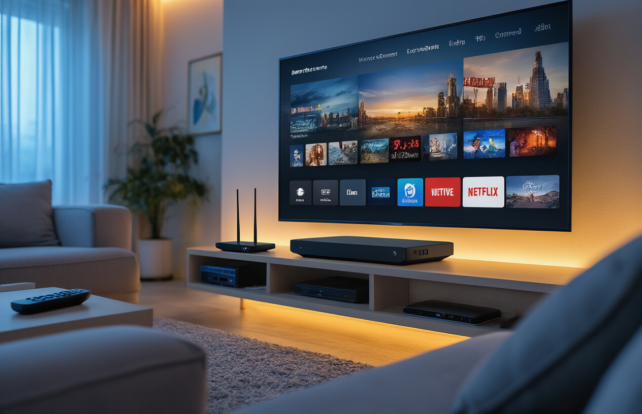 Create a realistic image of a modern living room setup with a large smart TV displaying a streaming interface with various channel icons and media thumbnails, a sleek black set-top box or streaming device positioned beneath the TV, a wireless router with blinking LED lights on a nearby shelf, and a comfortable couch with a remote control resting on the armrest, all in a warm, well-lit evening atmosphere that conveys successful home entertainment setup and satisfaction, absolutely NO text should be in the scene.