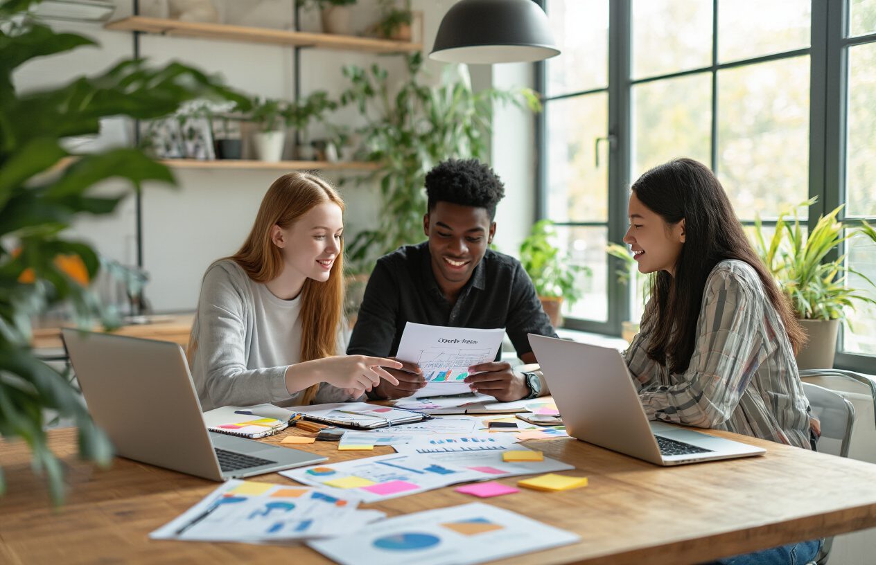 Create a realistic image of a diverse group of teenagers sitting around a wooden table with laptops, notebooks, and business planning materials spread out, including charts, graphs, and colorful sticky notes, featuring a white female teen, a black male teen, and an Asian female teen actively discussing and pointing at documents, in a bright modern workspace with large windows providing natural lighting, plants in the background, and a collaborative brainstorming atmosphere, shot from a slightly elevated angle to show the organized workspace and engaged expressions, with warm natural lighting creating an inspiring and productive mood, absolutely NO text should be in the scene.