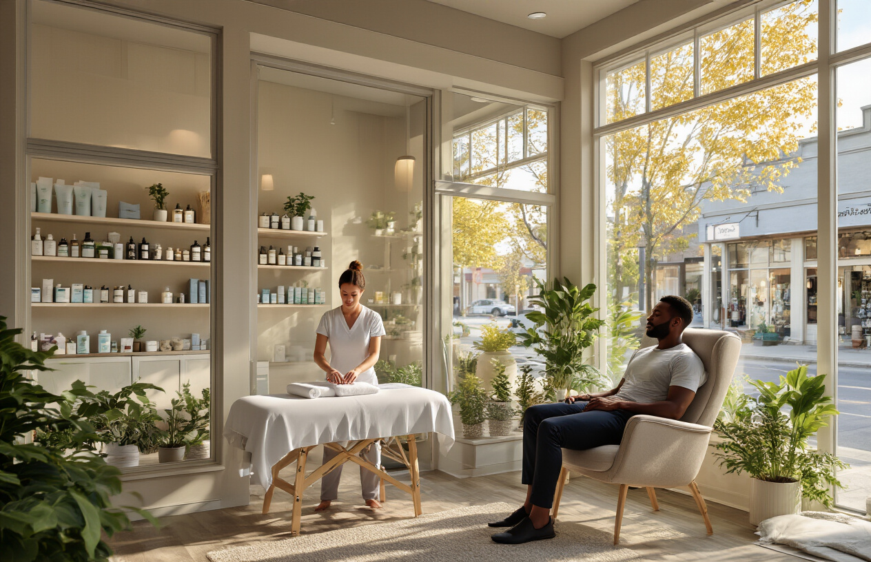 Create a realistic image of a cozy small town wellness center storefront with large windows showing the interior, featuring a white female massage therapist preparing a treatment room and a black male client relaxing in a comfortable chair, with wellness products displayed on shelves, soft natural lighting streaming through the windows, plants decorating the space, and a peaceful small town street visible in the background with other local businesses, capturing a warm and inviting atmosphere that suggests high demand for personal care services. Absolutely NO text should be in the scene.