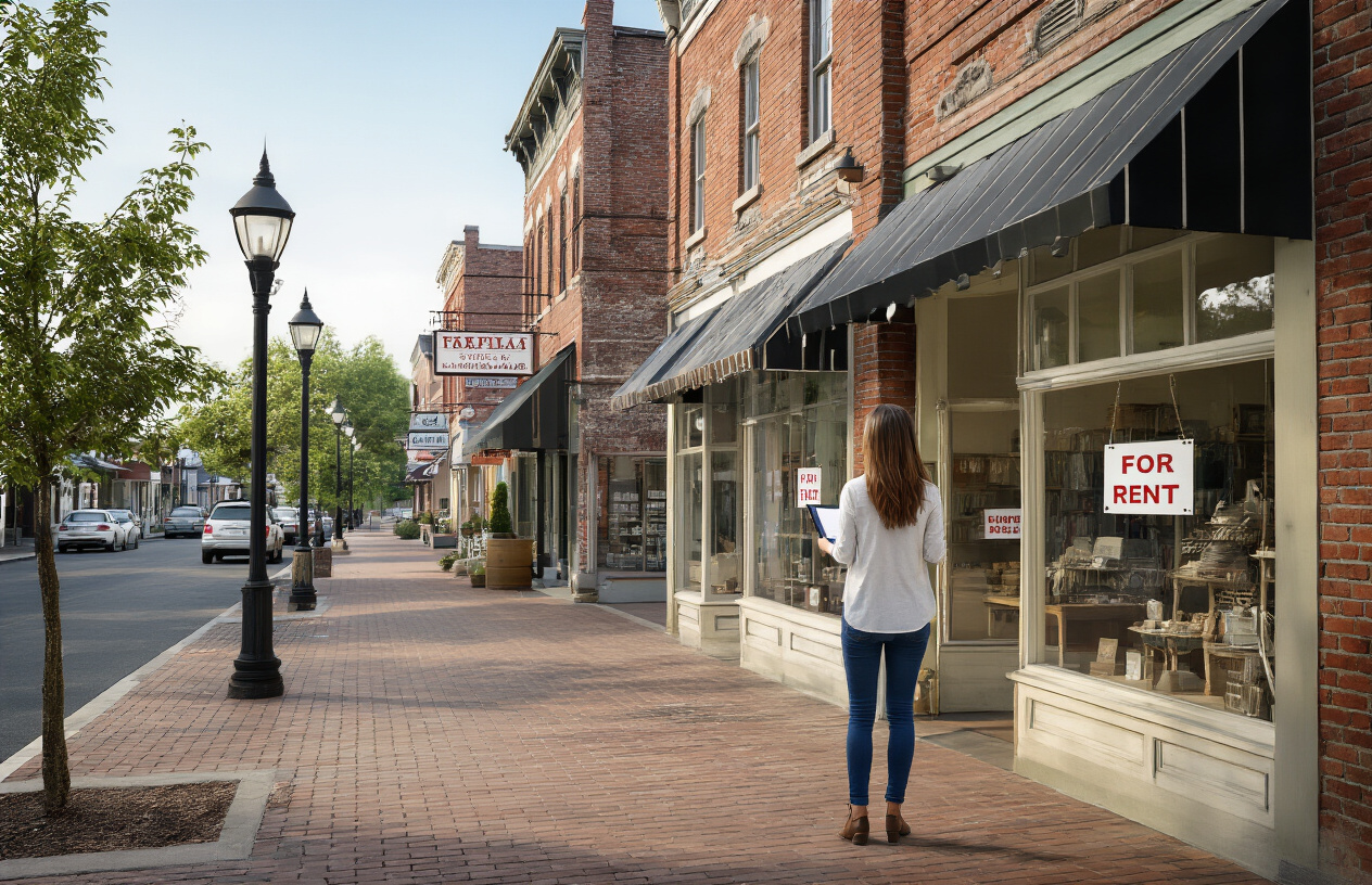 Create a realistic image of a charming small town main street with empty storefronts featuring "For Rent" signs in the windows, alongside a few thriving local businesses, showing a white female entrepreneur looking thoughtfully at an available retail space while holding a clipboard, with quaint brick buildings, wide sidewalks, street lamps, and a few parked cars creating a peaceful small-town atmosphere under soft natural daylight, absolutely NO text should be in the scene.