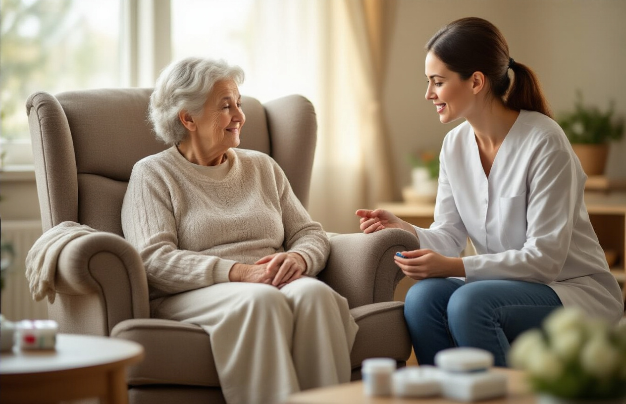 Create a realistic image of an elderly white female sitting in a comfortable armchair having a gentle conversation with a middle-aged white female who is kneeling beside her, both showing caring expressions, with medical items like pill organizers and a blood pressure cuff subtly visible on a nearby side table, set in a warm, well-lit living room with soft natural lighting from a window, conveying a mood of compassion and understanding between family members discussing health matters, absolutely NO text should be in the scene.