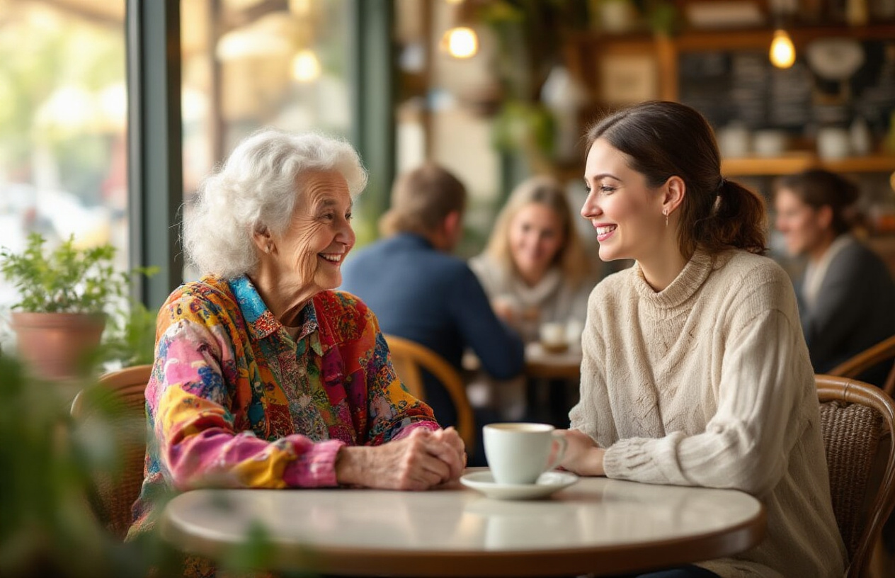 Create a realistic image of an elderly white female in her 70s sitting at a cafe table with a younger white female in her 40s, both smiling and engaged in conversation, with the elderly woman wearing colorful clothing that reflects her personal style, surrounded by a warm cafe atmosphere with soft natural lighting from a window, other patrons in the blurred background socializing, showing intergenerational support and respect for lifestyle choices, absolutely NO text should be in the scene.