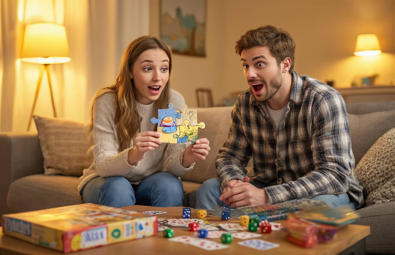 Create a realistic image of a young white female and white male couple sitting on a living room couch, with the woman holding a custom puzzle piece that reveals a baby shoe when completed, while the man looks surprised and delighted, surrounded by board game boxes, playing cards, and colorful dice scattered on a coffee table, warm golden lighting from a nearby lamp creating a cozy intimate atmosphere, absolutely NO text should be in the scene.