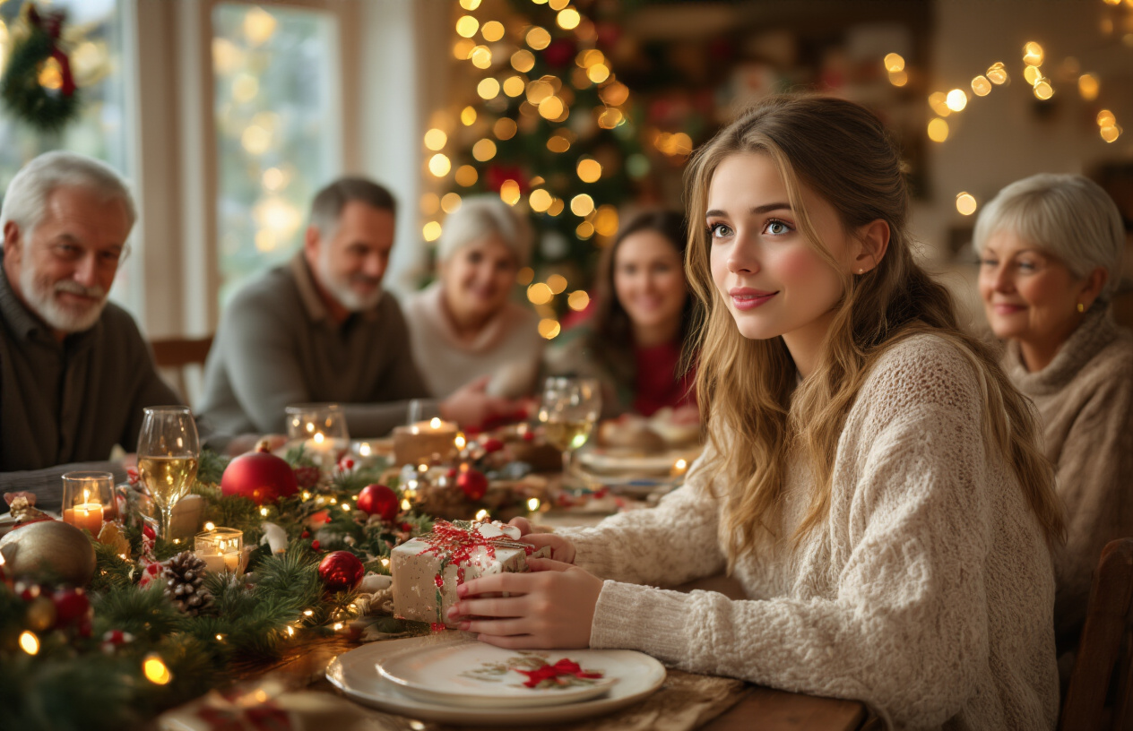 Create a realistic image of a warm family gathering scene during a holiday celebration with a young white female in her twenties sitting at a beautifully decorated dining table surrounded by family members of mixed ages, with festive decorations like Christmas lights or holiday ornaments visible in the background, soft warm lighting creating an intimate atmosphere, the woman appearing nervous but hopeful as she holds a small wrapped gift or card, other family members showing expressions of anticipation and joy, cozy home interior setting with holiday ambiance. Absolutely NO text should be in the scene.